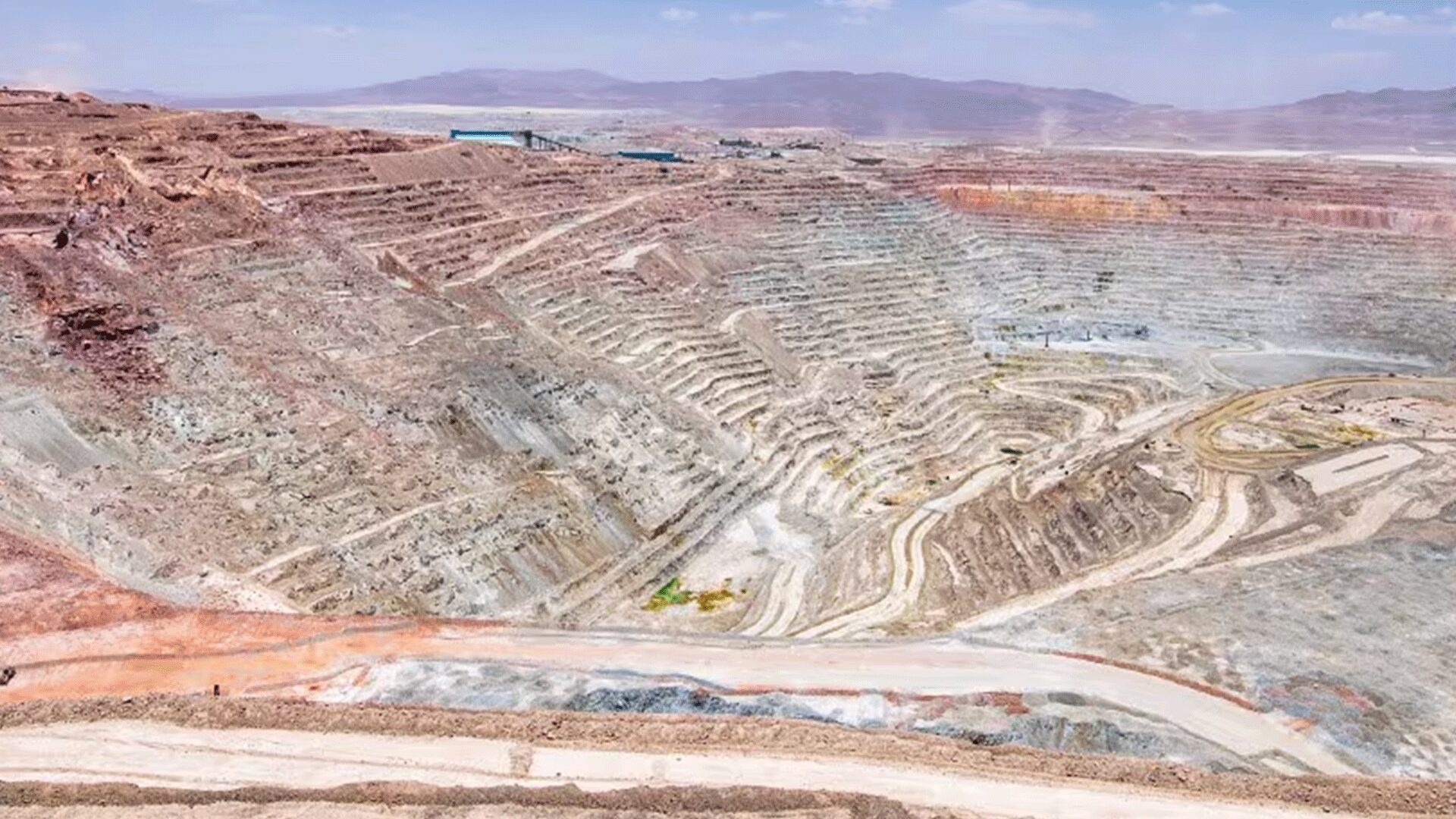 Closer view of Escondida copper mine terraced benches in Chile.