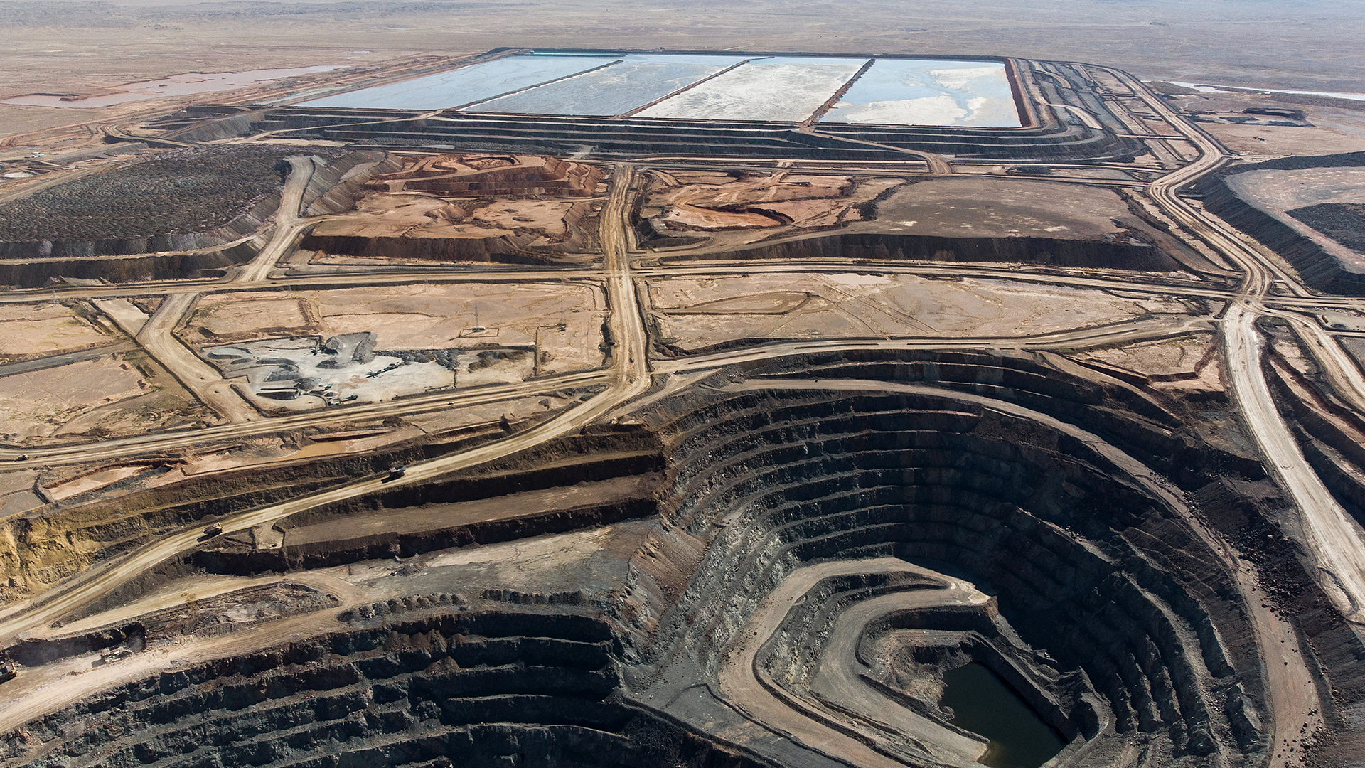 Aerial view of Oyu Tolgoi copper and gold open-pit mine in Mongolia.